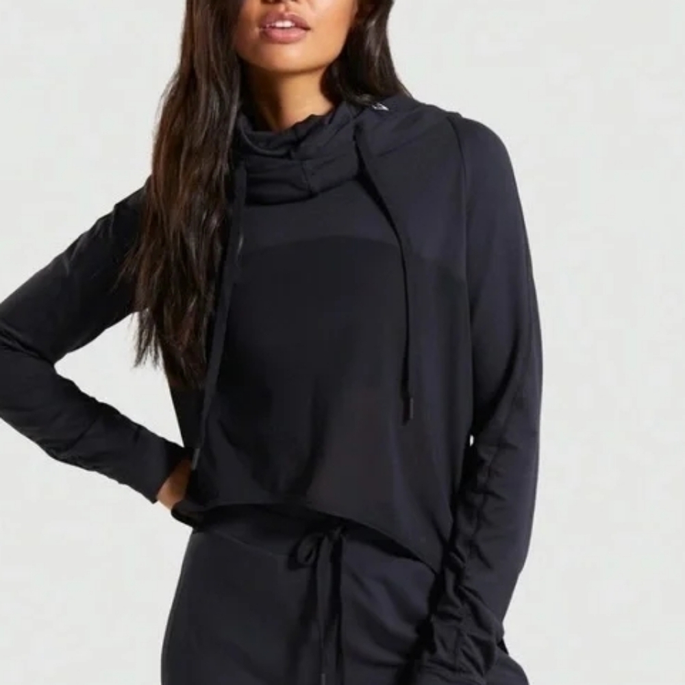 Gymshark Aura Pullover Hoodie Mesh Curved Hem Cowl Neck Drawstring Black Small